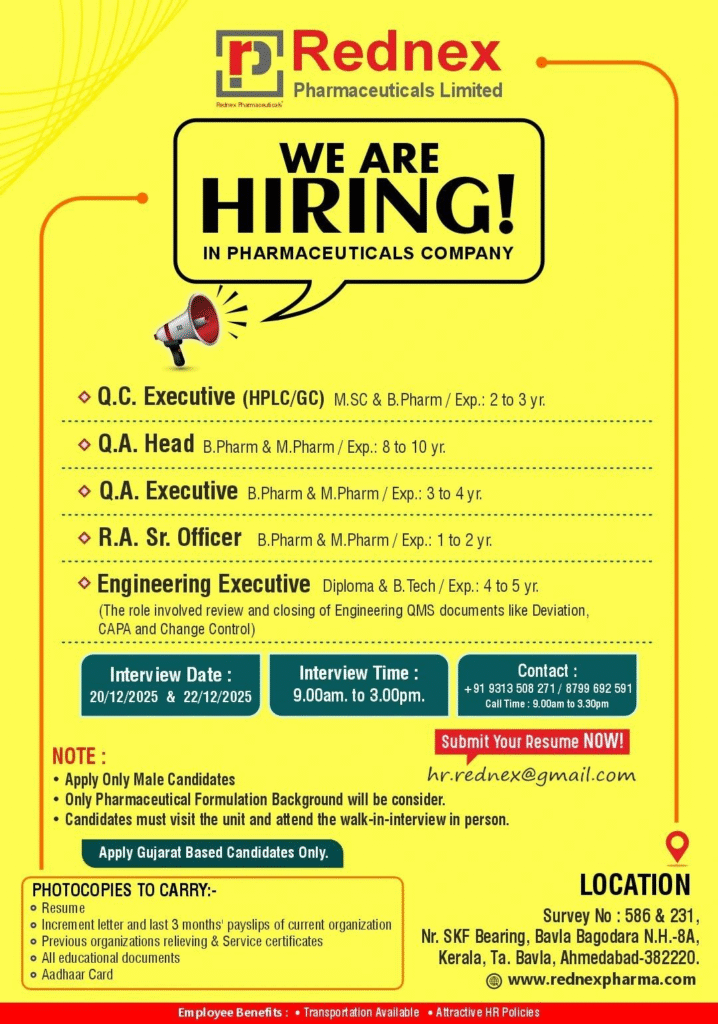 Job Opening Rednex Pharma jobs in Bavla Ahmedabad