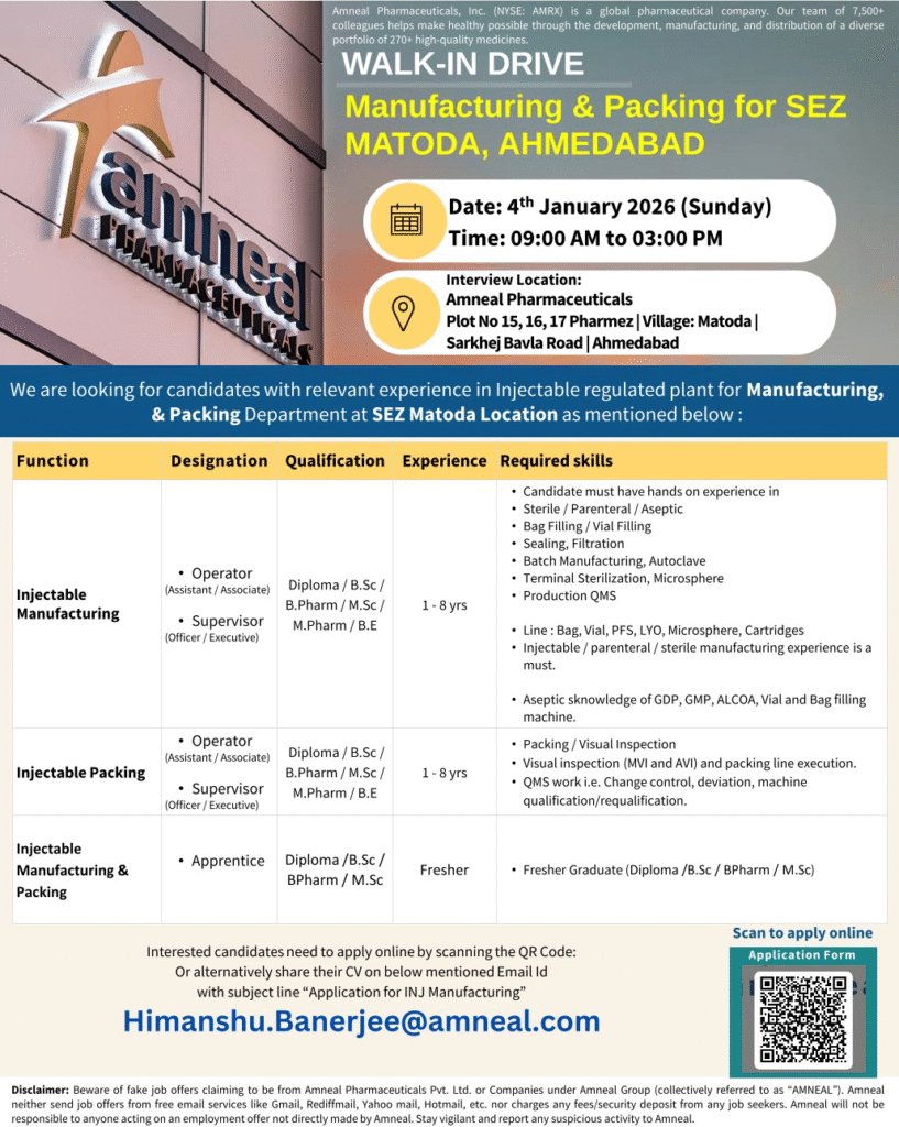 Amneal Pharma jobs for Manufacturing Packing
