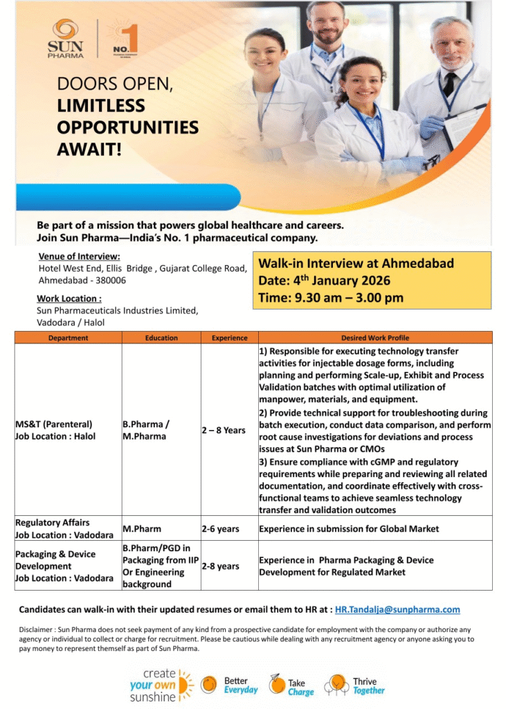 Sun Pharma Pharma Jobs for BPharm MPharm Walk In