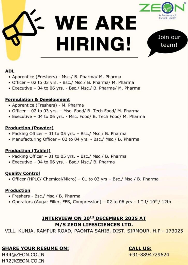 Zeon Lifesciences Pharma jobs in Paonta Sahib Walk In Interview