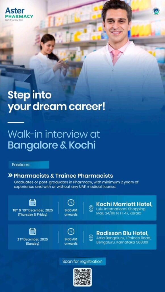 Aster Pharmacy Pharma jobs in Bangalore and Kochi
