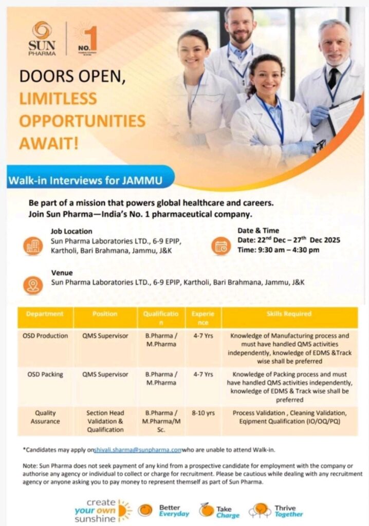 Sun Pharma jobs in Jammu Walk In Interview