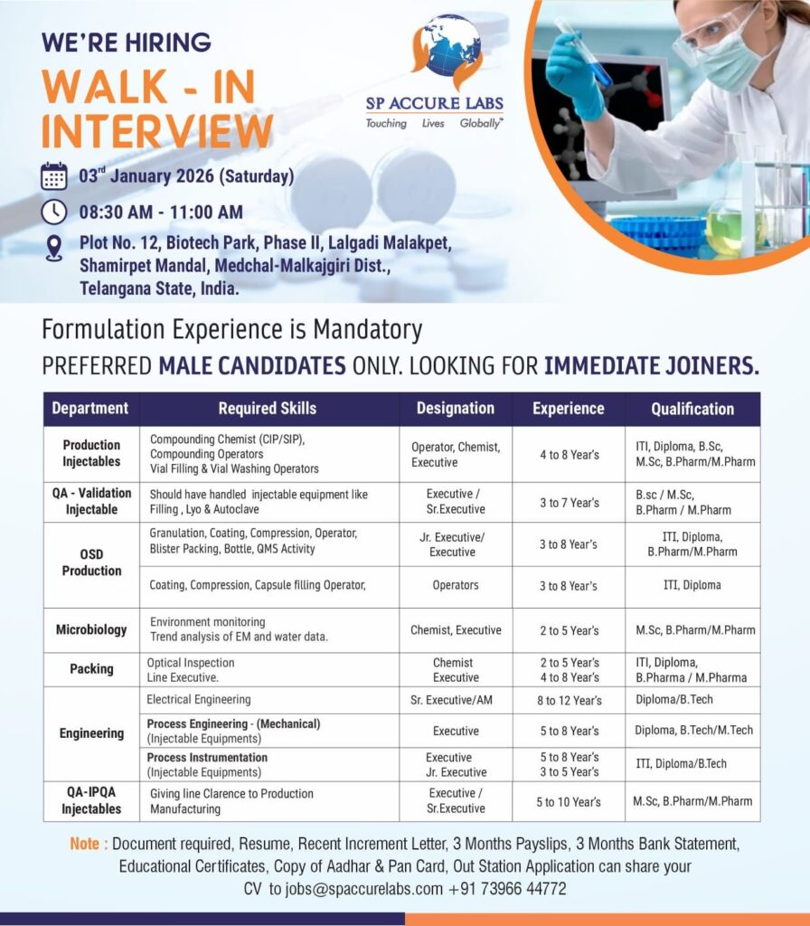 SP Accure Labs Pharma Jobs for Production QC QA