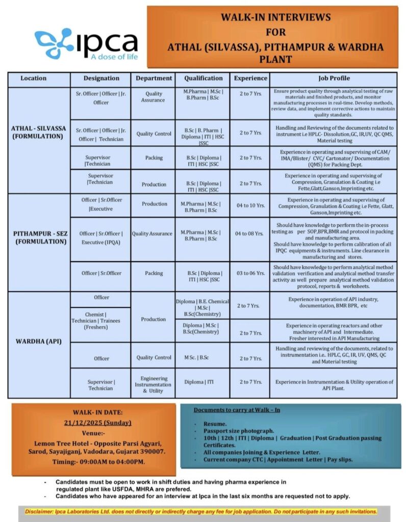 Ipca Laboratories Pharma jobs in Vadodara Walk In Interview