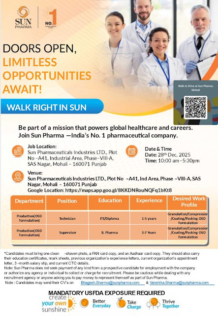 Sun Pharma Pharma Jobs for Production ITI Diploma BPharm