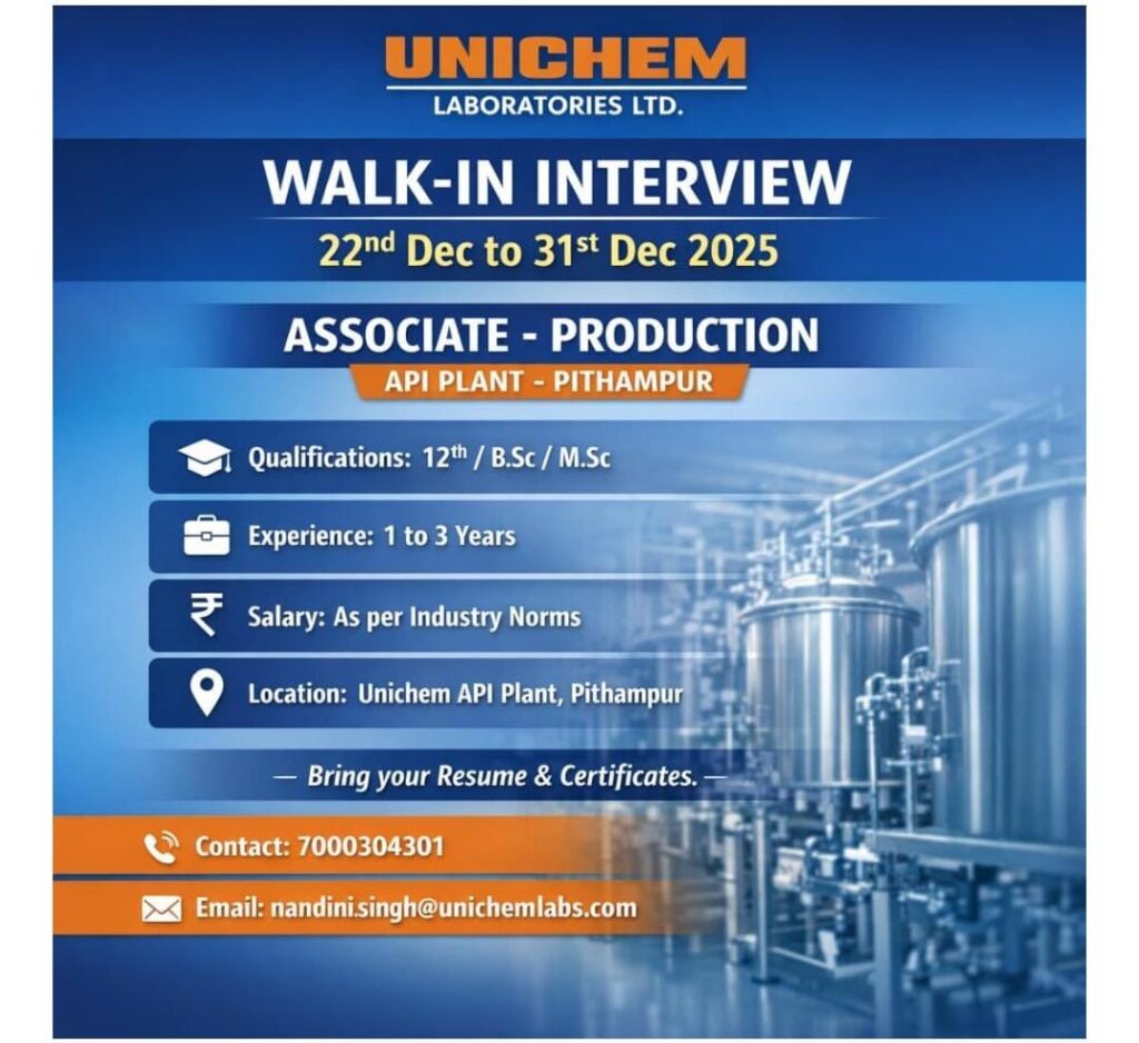 Job Opening at Unichem Pharma – Production Walk-In Interview