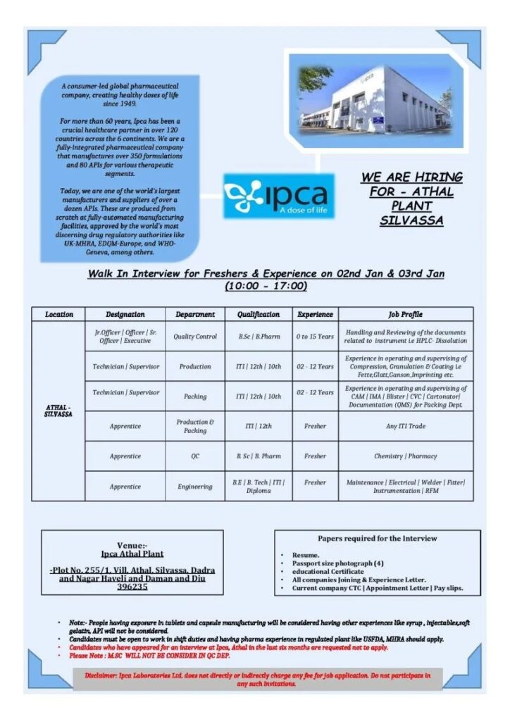 Ipca Pharma Jobs for Production and QC Walk In