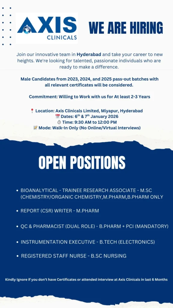 Axis Clinicals Pharma Jobs Walk In Hyderabad