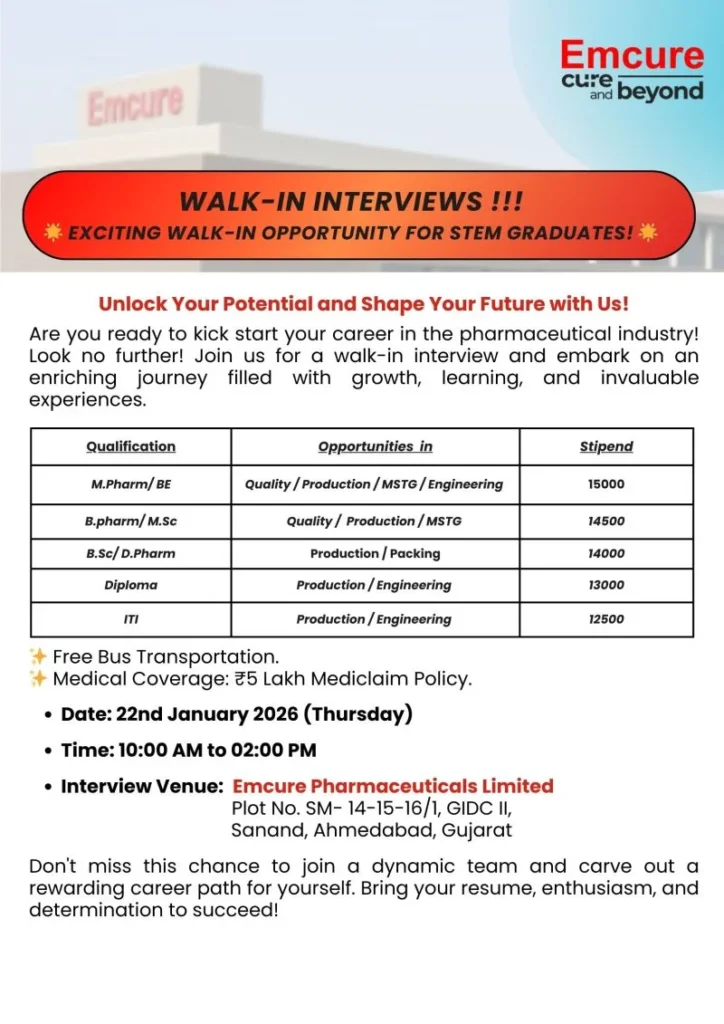 Emcure Quality Production Walk In Hiring