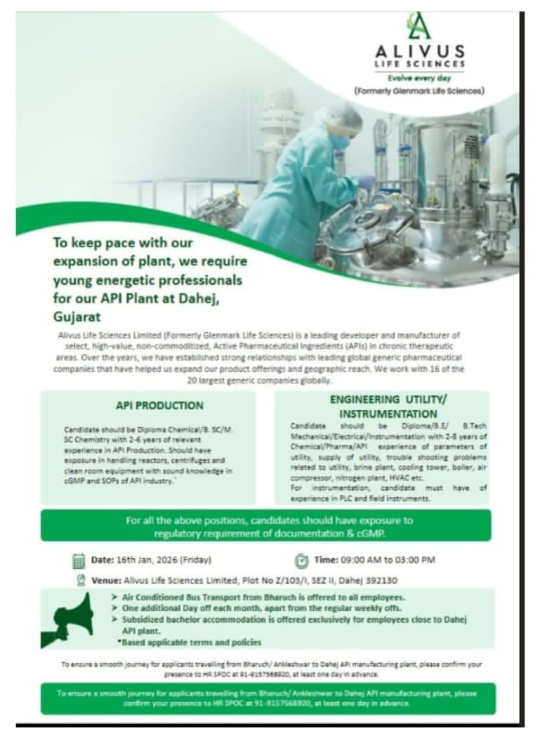 Job opening Alivus Life Sciences Pharma jobs for API Production Engineering roles