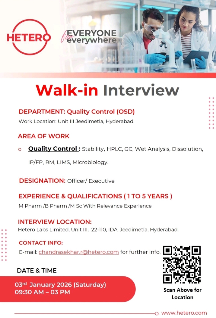 Hetero Pharma QC Walk In Interview BPharm MPharm MSc