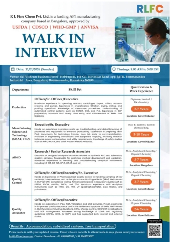 RL Fine Chem Pharma Production QC QA Walk In Interview