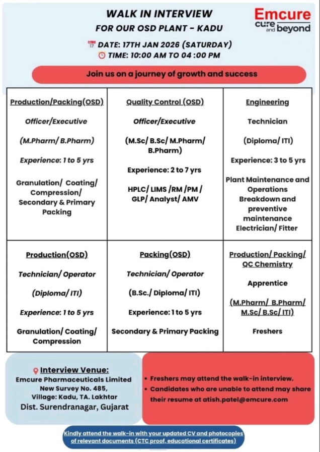 Emcure Pharma jobs Production Packing QC Engineering BPharm MPharm