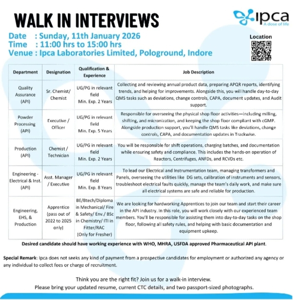 Ipca Laboratories Pharma jobs for QA Production Engineering API