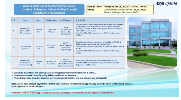 Ajanta Pharma jobs for Maintenance BE BTech Diploma walk in interview