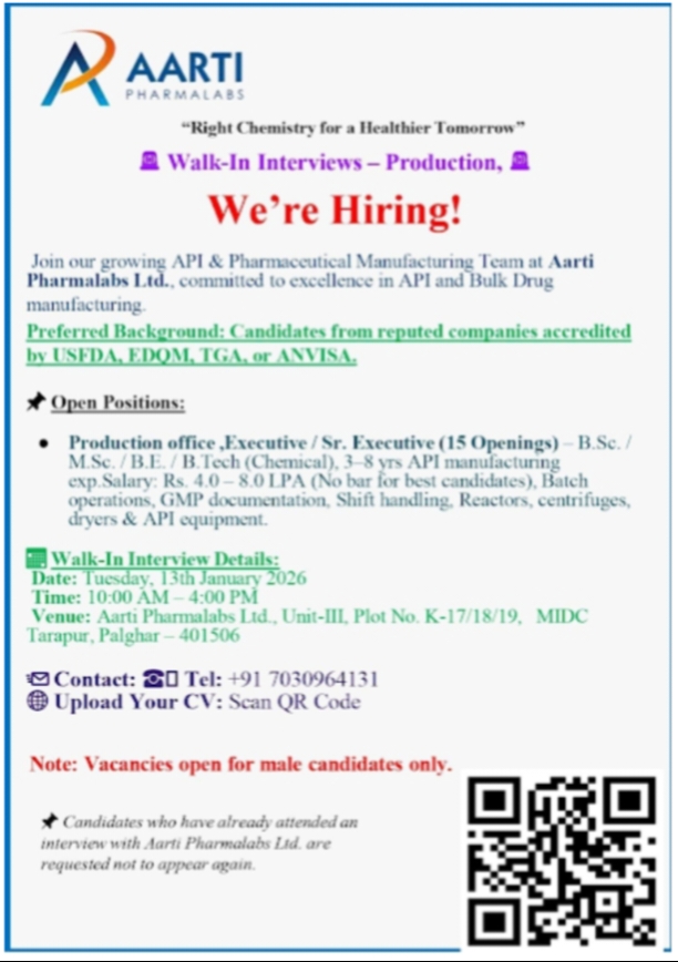 Aarti Pharmalabs Pharma jobs for Production API Manufacturing