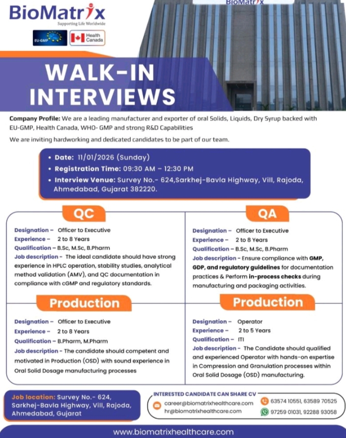 BioMatrix Pharma Jobs Walk In Interview Production QC QA