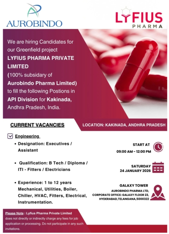 Lyfius Pharma jobs for Engineering BTech Diploma ITI