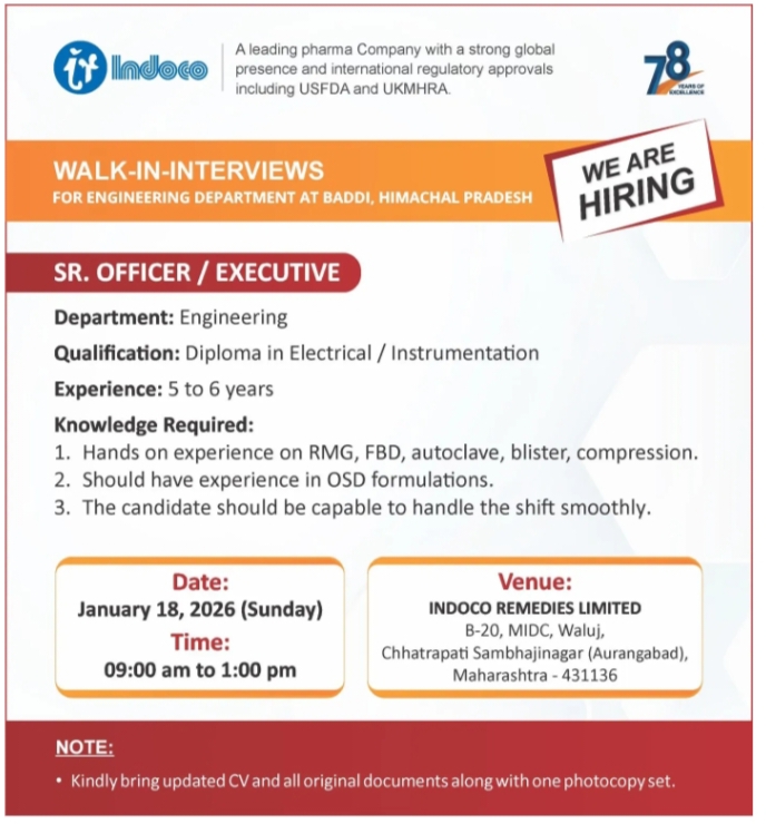 Indoco Remedies Ltd Pharma jobs for Engineering Diploma
