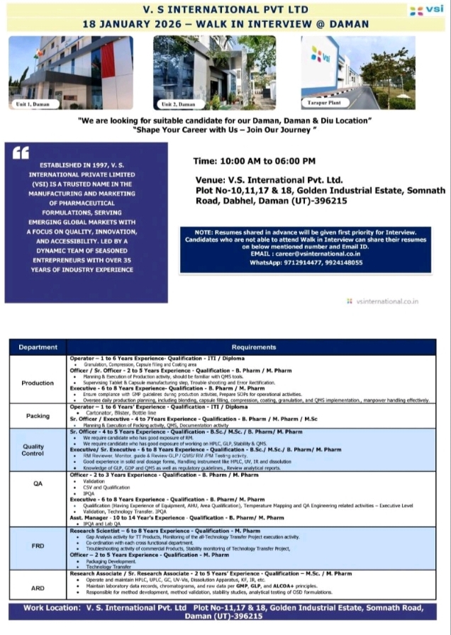 Job opening for V S International Pharma jobs Production QC QA BPharm MPharm