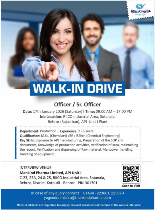 Mankind Pharma jobs for Production API Unit Walk In 2026