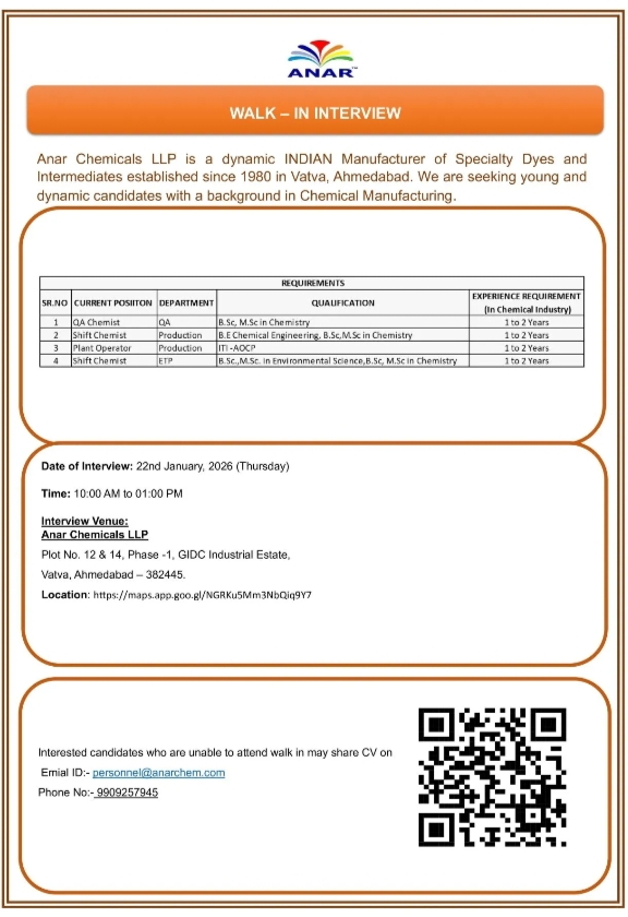 Job Opening at Anar Chemicals Pharma jobs for Production QA ETP BSc MSc ITI