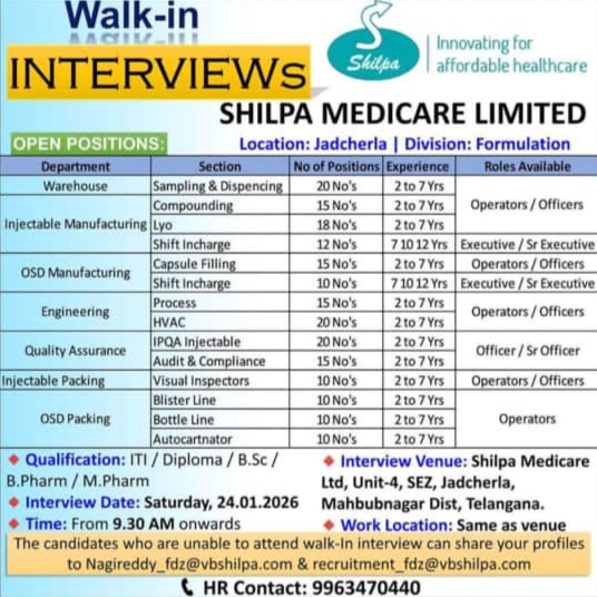 Job opening for Shilpa Medicare Pharma jobs for Production OSD Injectable QA Engineering BPharm MPharm BSc Diploma