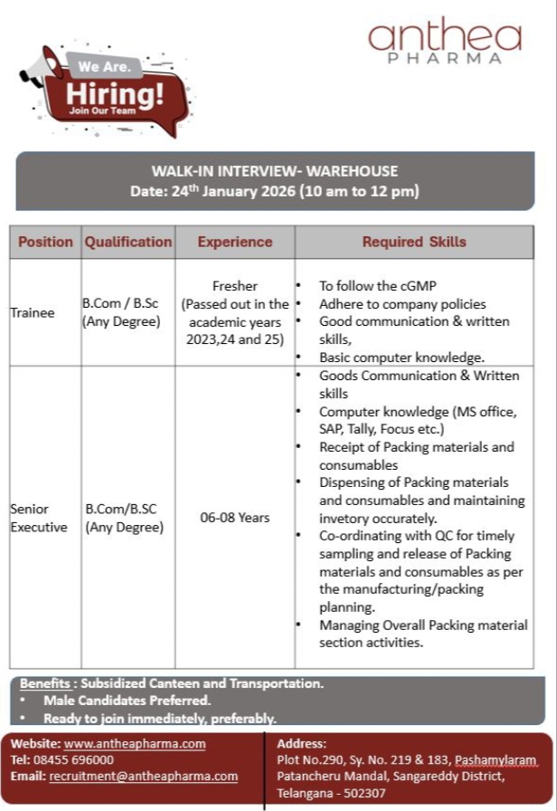 Job opening for Anthea Pharma jobs for Warehouse BSc BCom