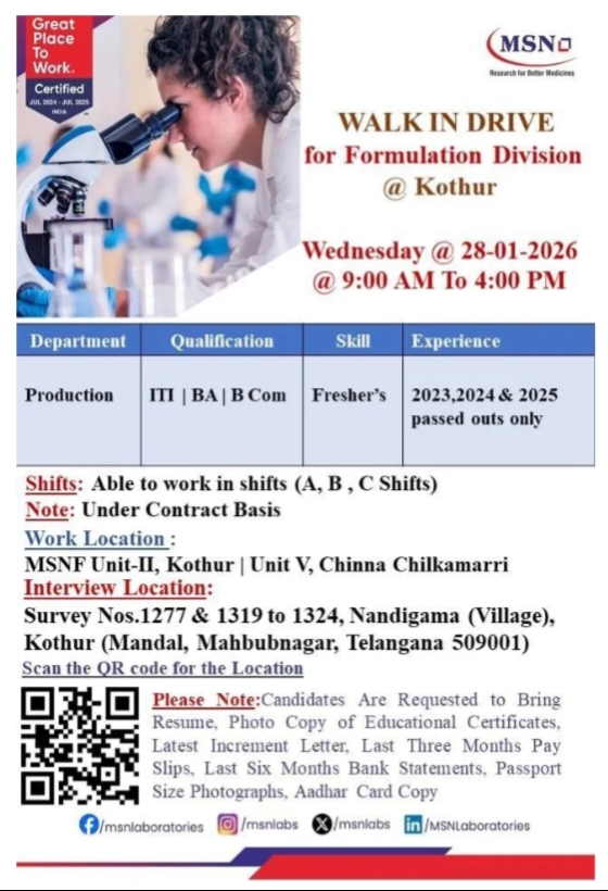 MSN Laboratories Production Walk-In Jobs 2026