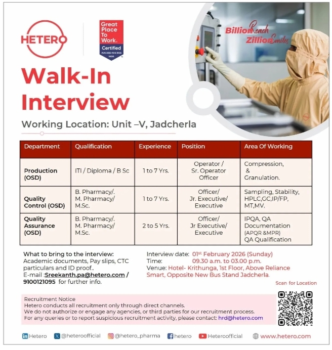 Hetero Pharma OSD Walk In Interview