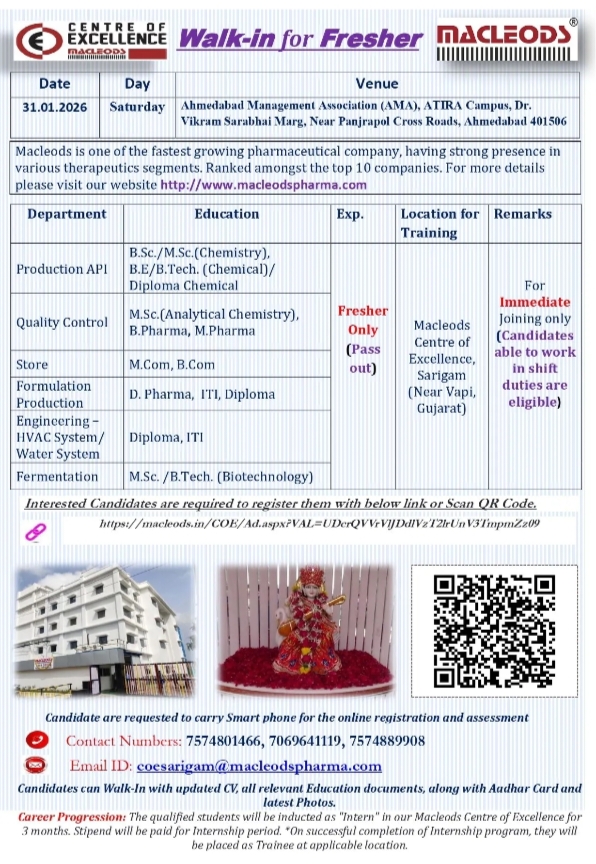 Macleods Pharma jobs for Production API and QC Freshers Walk-In