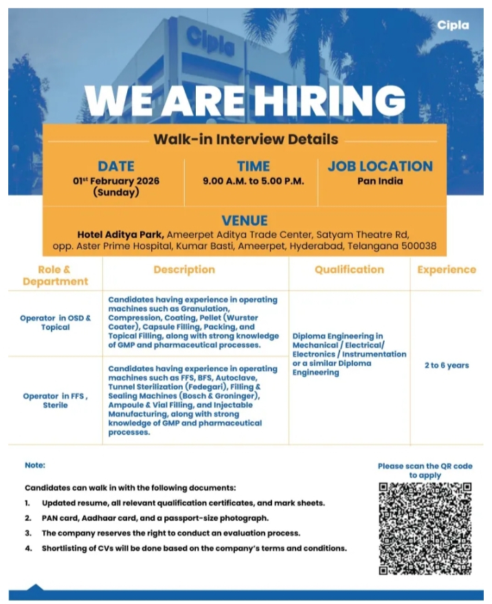 Cipla Walk-In Interview Operator Jobs Hyderabad