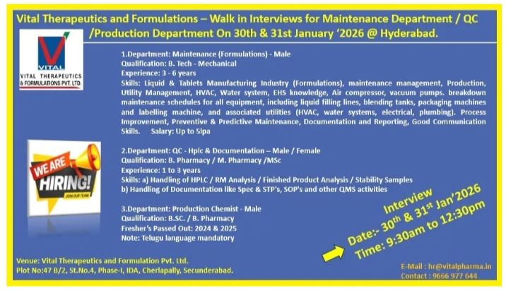 Vital Therapeutics Walk In Interview QC Production Maintenance