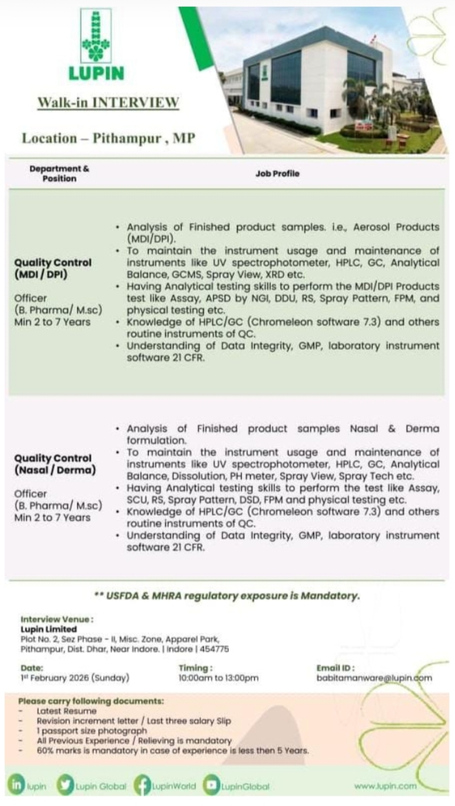 Lupin Pharma QC Walk In Feb 2026