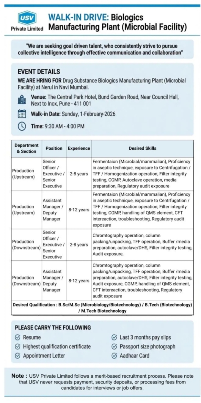 USV Pharma Jobs Production Biologics Walk In