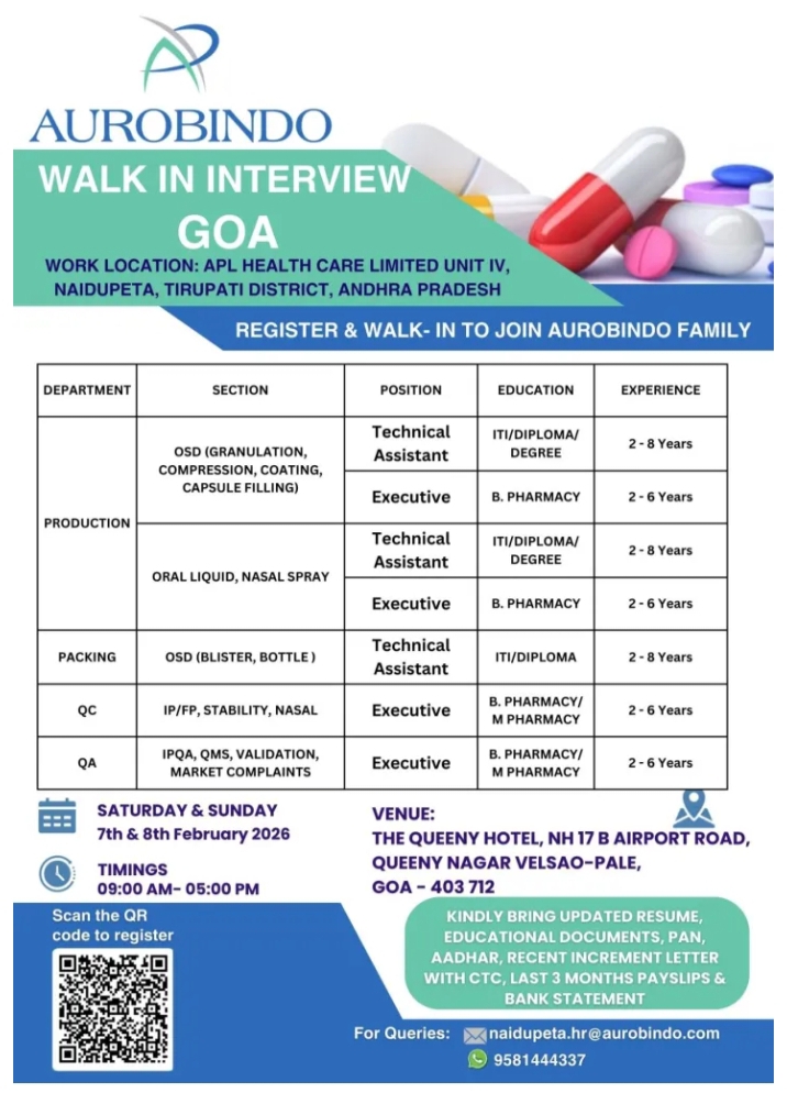 Aurobindo Pharma Production QA QC Walk In 2026