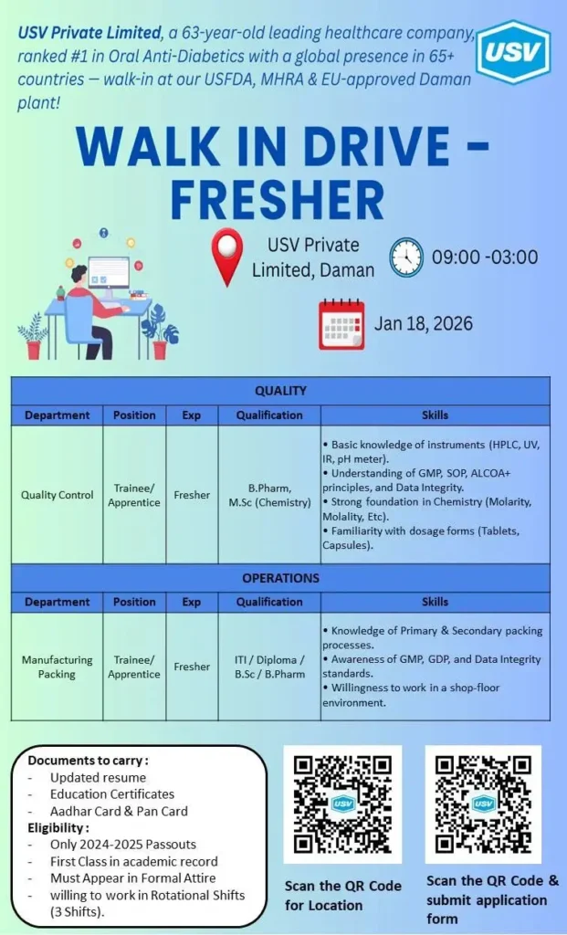 USV Fresher Hiring for QC & Manufacturing