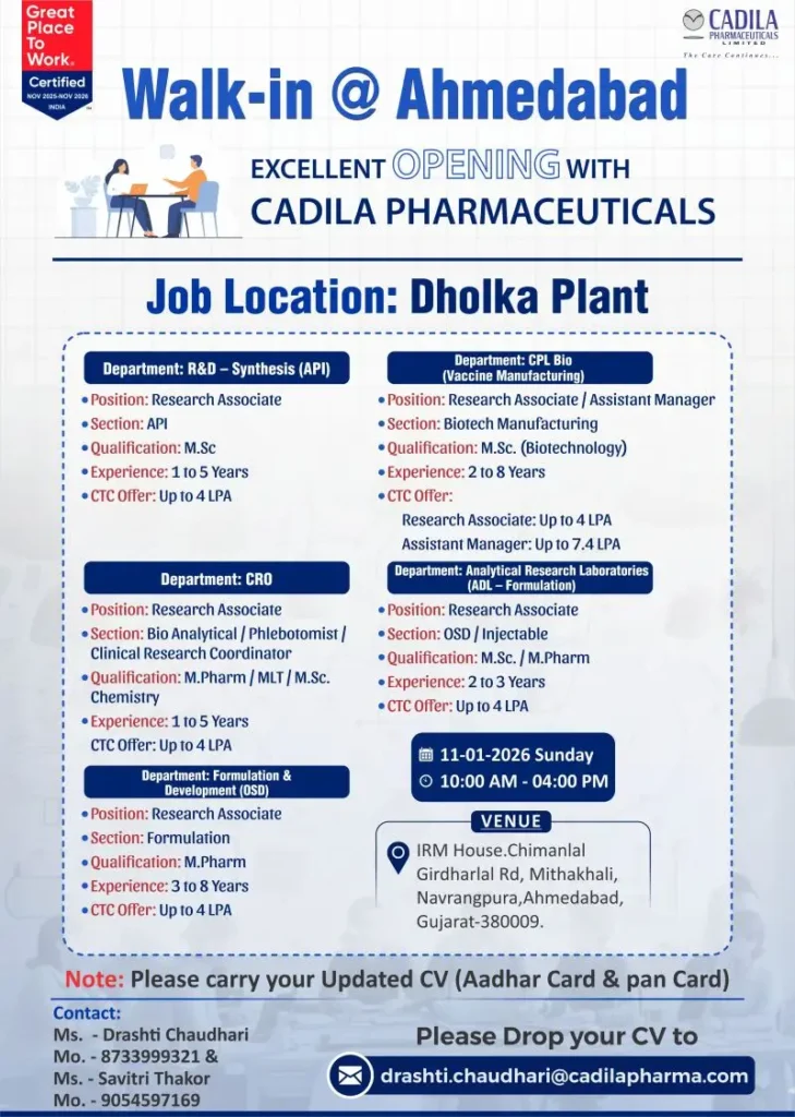 Cadila Pharmaceuticals Pharma Jobs Walk In Interview