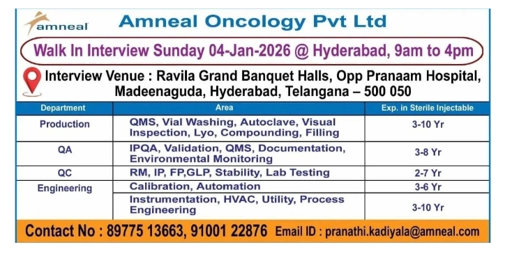 Amneal Oncology Pharma Jobs Walk In Interview Hyderabad