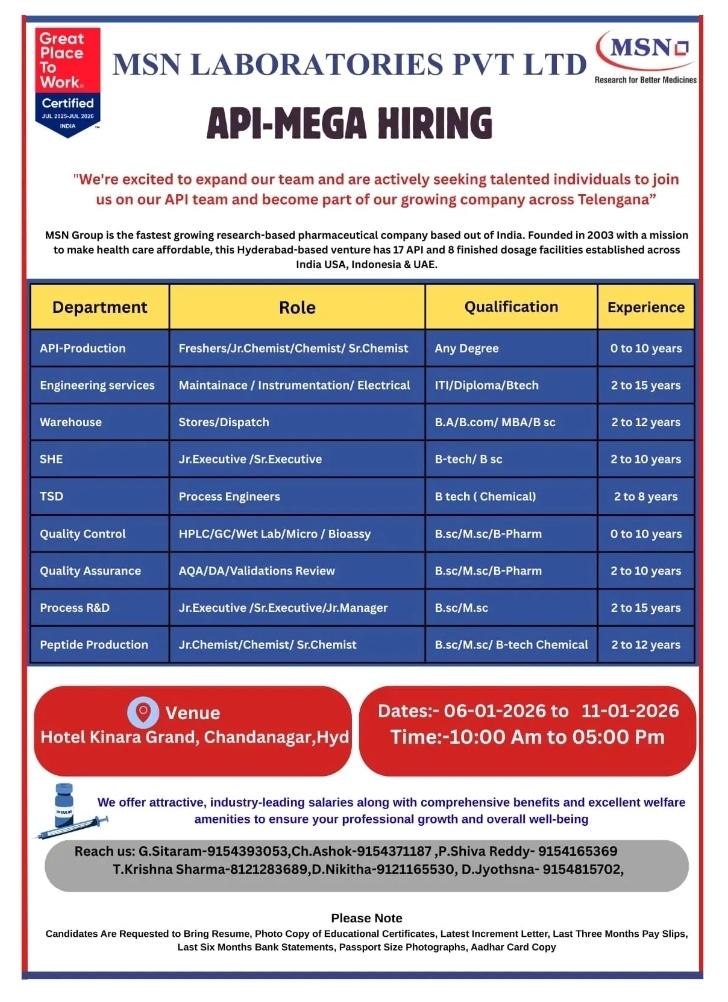 MSN Laboratories Pharma jobs for API QC QA BPharm