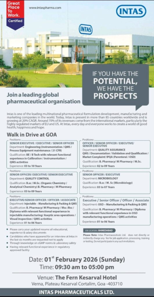 Intas Pharma Hiring Engineering QA QC Walk In Goa
