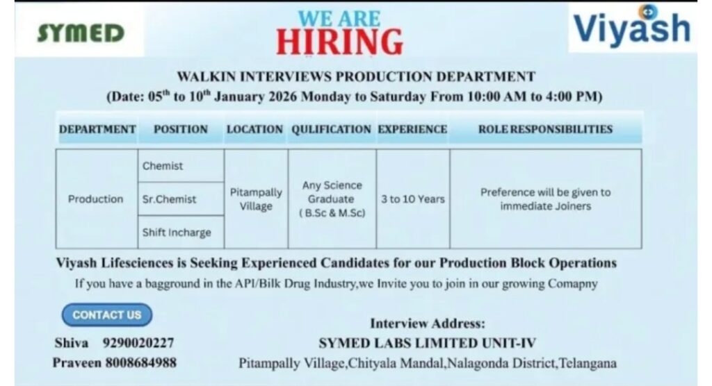 Viyash Lifesciences Pharma Jobs Walk In Interview