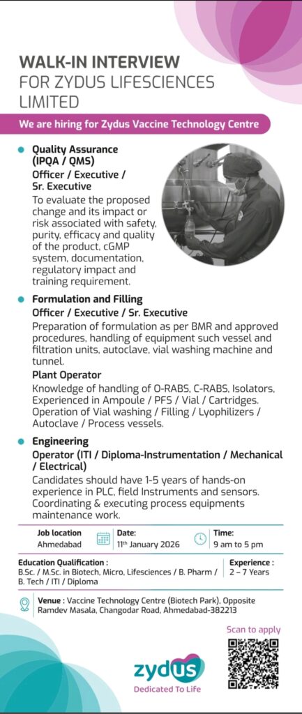 Zydus Pharma Jobs for QA Production Packing