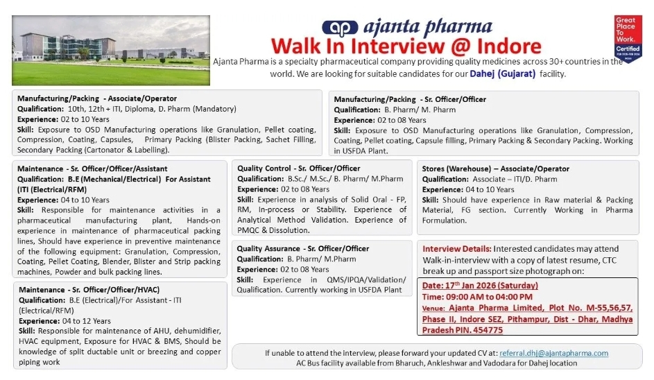 Ajanta Pharma Hiring for Manufacturing and QC Roles