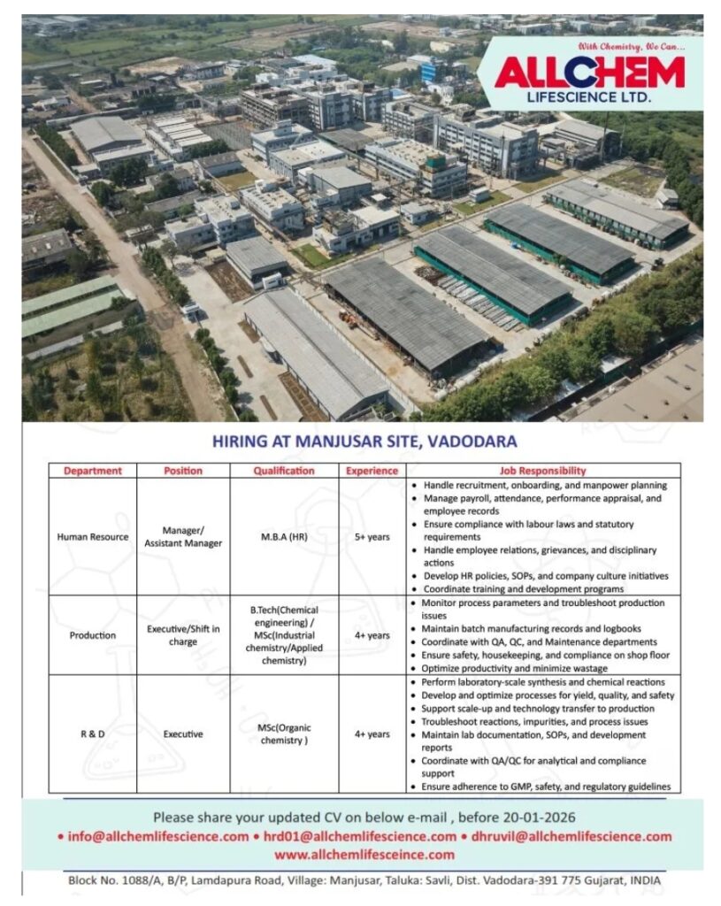 Allchem Lifescience Hiring HR Production R&D