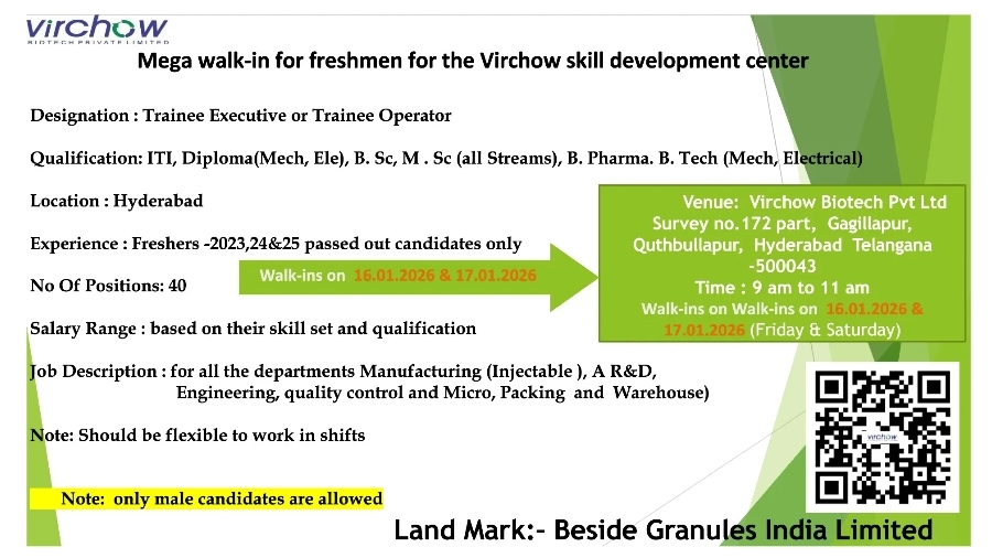 Virchow Biotech Walk In Hiring for Mfg QC QA