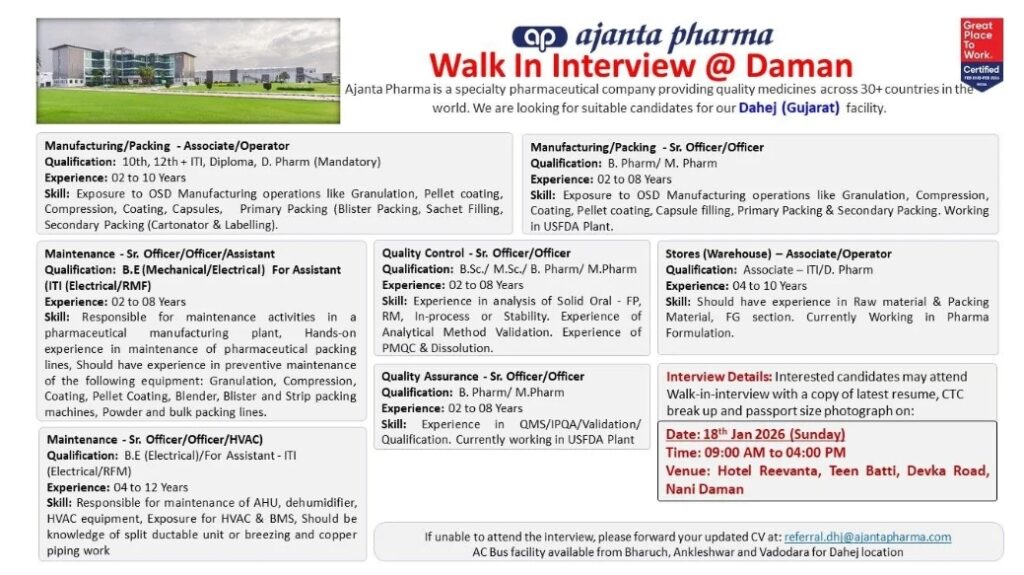 Ajanta Pharma Hiring Walk-In Interview