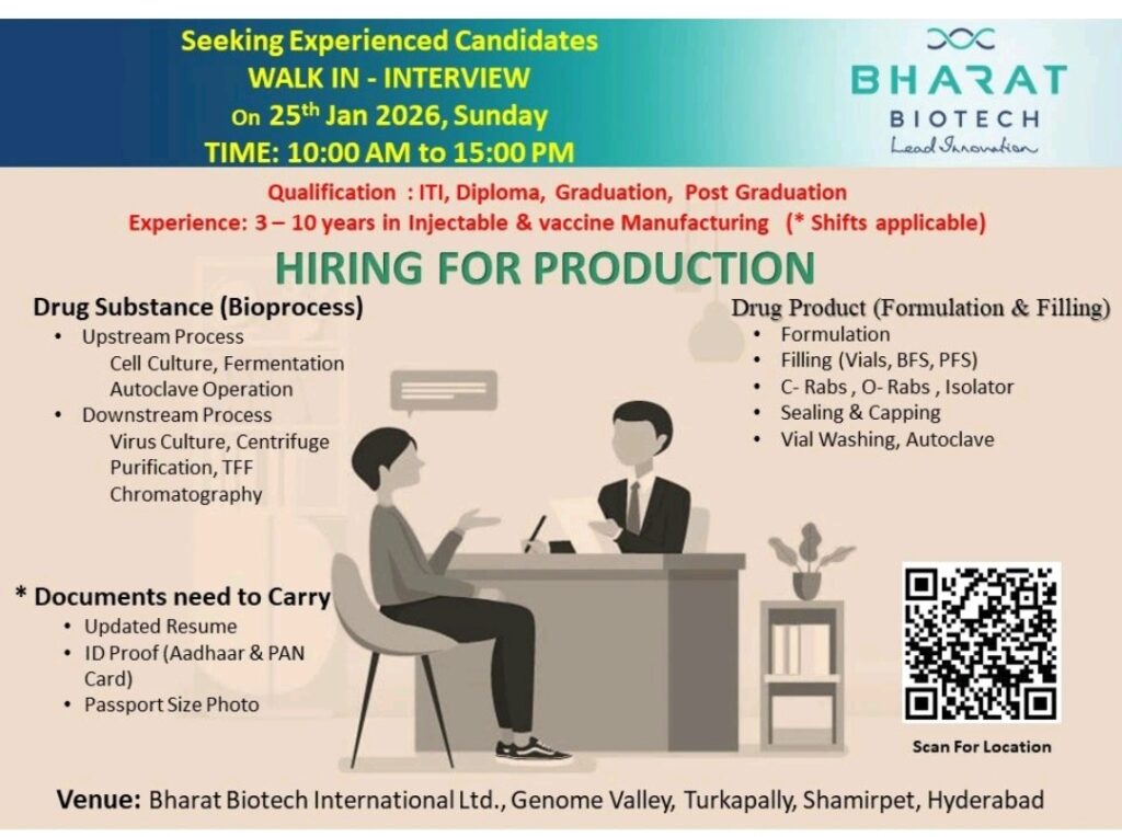 Bharat Biotech Hiring Production Walk-in