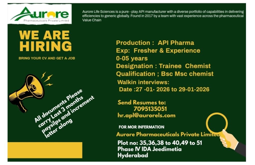 Aurore Pharma jobs for Production API BSc MSc