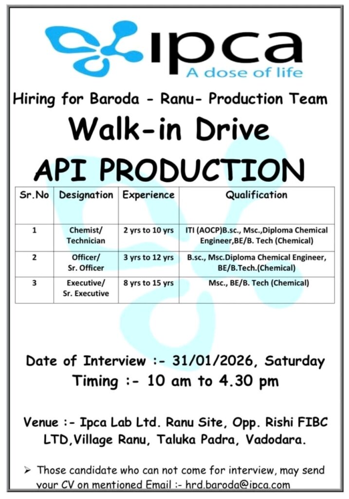 Ipca Pharma jobs for Production ITI BSc MSc